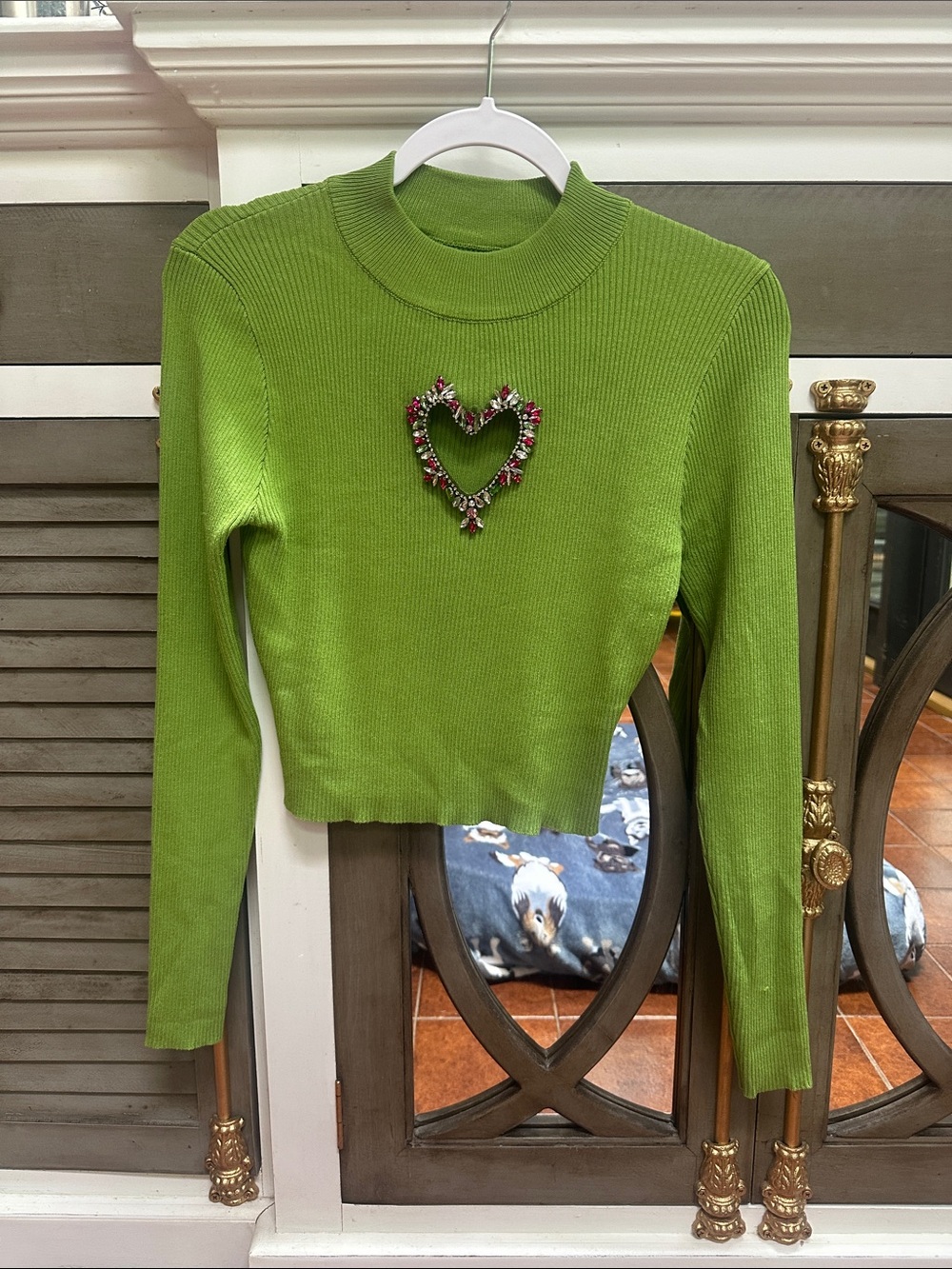 Green Ribbed Cropped Long-Sleeve Top with Heart Embellishment L/XL RUNS SMALL